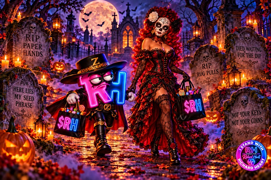 The RH character and a sugar-skull Halloween companion trick-or-treating in a moonlit cemetery with crypto epitaphs